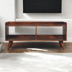 Solid Wood Open-top Chestnut Media Unit, 2 Open Shelves, Nordic Legs, Dark Brown