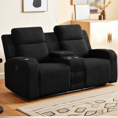 Recliner Sofa Couch 2 Seat, Manual Recliner Corduroy, Cup Holders, Music Speaker, Wireless Charging Phone, Reclining Couch for Living Room, Black