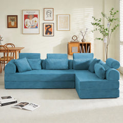 L shape Modular Sectional Sofa, Compressed Sectional Sofa Modern Minimalist Style Corduroy Couch,Unfold into a bed, Bedroom, Comfy Compressed Sofa Couch Space-Efficient Design(Azure)