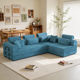 L shape Modular Sectional Sofa, Compressed Sectional Sofa Modern Minimalist Style Corduroy Couch,Unfold into a bed, Bedroom, Comfy Compressed Sofa Couch Space-Efficient Design(Azure)