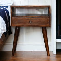 Modern Chestnut Solid Wood Bedside, 1-Drawer, 1 Open Slot, Nordic Legs