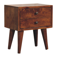 Solid Wood Mini Modern Bedside, 2-Drawers, Chestnut, Dark Brown