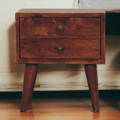 Solid Wood Mini Modern Bedside, 2-Drawers, Chestnut, Dark Brown