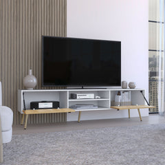 Toka TV Rack with 2 Hinged Doors and Central Shelves, White/Macadamia