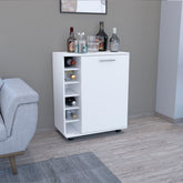 Bar -coffee cart 32" H, Kitchen or living room cabinet storage with 4 wheels, with 6 bottle racks, a central shelf covered by 1 door, ideal for storing glasses and snacks, white
