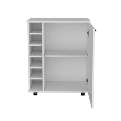 Bar -coffee cart 32" H, Kitchen or living room cabinet storage with 4 wheels, with 6 bottle racks, a central shelf covered by 1 door, ideal for storing glasses and snacks, white