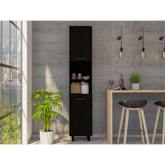 Kitchen Pantry 79" H, Two Open Storage Shelves, Three Internal Shelves, Two Doors, Four Legs, Black