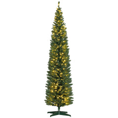 HOMCOM 8' Tall Pre-Lit Slim Noble Fir Artificial Christmas Tree with 300 Warm White LED Lights and 618 Tips, for Christmas Decoration, Green