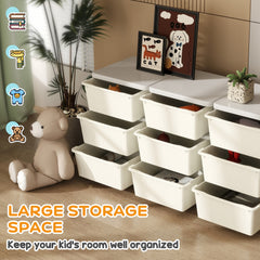 Qaba 3 Tier Kids Storage Unit, 9 Drawer Chest Toy Organizer Plastic Bins for Kids Bedroom Nursery Kindergarten Living Room for Boys Girls Toddlers, Cream White