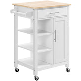 HOMCOM Kitchen Island Cart, Rolling Kitchen Island with Storage Shelf, Solid Wood Top, Drawer, for Dining Room, White