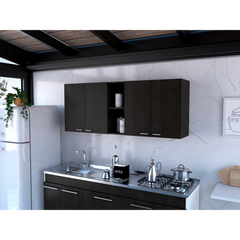 Wall Cabinet 24" H, Four Doors, Two Open Storage Shelves, Two Internal Shelves, Internal Dish and Glass Organizer, Black
