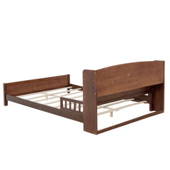 Full Pine Wood Bed with Bookcase Headboard ,LED Motion Sensor Light, Bed Guardrails,Walnut