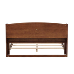 Full Pine Wood Bed with Bookcase Headboard ,LED Motion Sensor Light, Bed Guardrails,Walnut