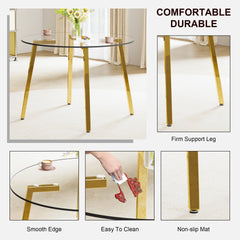 Table and chair set.Modern circular transparent tempered glass table, tempered glass tabletop, golden metal table legs.A Set of 4 Transparent Plastic Chairs with gold legs.