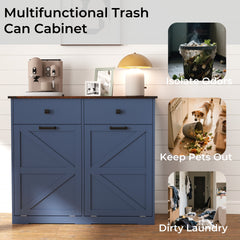 Farmhouse Blue Double Tilt Out Trash Cabinet for 20 Gallon Trash Cans, Free Standing Recycling Cabinet with Hideaway Drawer, Barn Door Style Laundry Sorter Cabinet, Tilt Out Trash Cabinet for Kitchen