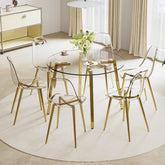 Table and chair set.Modern circular transparent tempered glass table, tempered glass tabletop, golden metal table legs.A Set of 6 Transparent Plastic Chairs with gold legs.