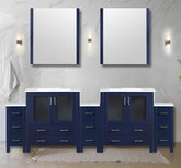 Navy Blue Double Bath Vanity 96 in. W x 18.25 in. D, with Side Cabinets, White Ceramic Top, and 28 in. Mirrors