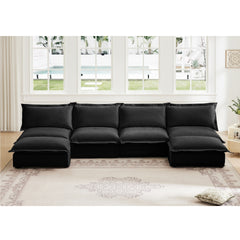 Slipcovered U Shape 4 Seater Sectional Long Sectionl Cocuh, Armless Sectional Sofa with Reversible Ottoman and French Edge Design Big Pillows, Comfortable Deep Seat Sectional Cloud Couch, Chenille