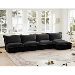 Slipcovered Modular Armless 4 Seater Sectional Sofa with Removable Ottoman, Extra Deep Sectional Couch for Living Room, Cloud Like Comfy Sofa Couch, Black Chenille Fabric