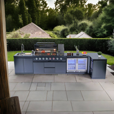 62-Inch 6-Burner 96000 BTU Deluxe Stainless Steel Gas Outdoor Kitchen Bar Barbecue Island Grill + Wine Cooler Compact Refrigerator + Rotisserie + Granite Countertops + Storage Cabinets & Drawers