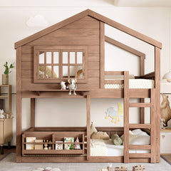 Twin Size Bunk Bed/Loft Bed with Bookshelf, House Design, High-Quality Safety Fencing,Natural