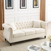 80" Chesterfield Sofa Beige Velvet for Living Room, 3 Seater Sofa Tufted Couch with Rolled Arms and Nailhead for Living Room, Bedroom, Office, Apartment, two pillowsW834S00008