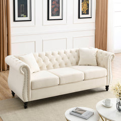 80" Chesterfield Sofa Beige Velvet for Living Room, 3 Seater Sofa Tufted Couch with Rolled Arms and Nailhead for Living Room, Bedroom, Office, Apartment, two pillowsW834S00008