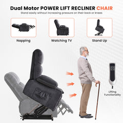 Dual Motor Large Power Lift Recliner Chair for Elderly, Lay Flat Lift Chair with knead the waist and heat, Big Lift Recliner for Tall People, Cup Holders,GREY