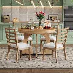 TREXM Round Dining Table for 4 with Chairs Set, Extendable Dining Table Set with 16" Removable Middle Leaf, 5 Piece Retro Dining Table Set Unique Geometric Design for Kitchen, Dining Room (Natural)