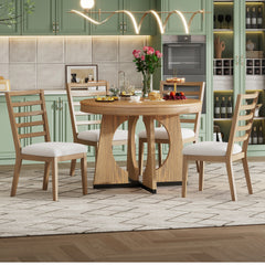 TREXM Round Dining Table for 4 with Chairs Set, Extendable Dining Table Set with 16" Removable Middle Leaf, 5 Piece Retro Dining Table Set Unique Geometric Design for Kitchen, Dining Room (Natural)