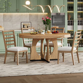 TREXM Round Dining Table for 4 with Chairs Set, Extendable Dining Table Set with 16" Removable Middle Leaf, 5 Piece Retro Dining Table Set Unique Geometric Design for Kitchen, Dining Room (Natural)