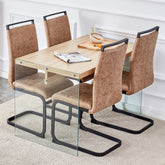 Table and chair set.Wood Texture MDF Coffee Table - Reinforced with Tempered Glass Legs.Paired with 4 brown technology fabric chairs with Featuring arched black legs.