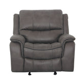Transitional Style Dark Gray Finish Glider Recliner Arms Pillow Top Blocked Hardware Frame Fully Upholstered Primary Living Rom
