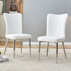 Modern minimalist dining chairs, office chairs. 2-piece set of white PU seats with silver metal legs. Suitable for restaurants, living rooms, and offices.W1151116745