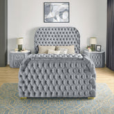 1pc Oval Faux Marble Top Nightstand 2- Drawers Storage Gray Finish Button Tufted Faux Crystal Tufted