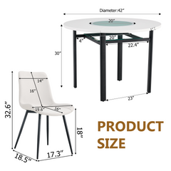 Table and chair set.42 inch modern minimalist white desktop round dining table set.Paired with 4 White Artificial PU Chairs With Curved Widened Cushion Design.Suitable for dining rooms,office,etc.