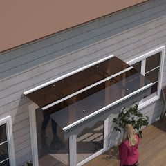 DA5934W Series Door Window Awning Canopy Made of 0.137 Inch Thick Crystal Solid Polycarbonate Sheet and Aluminum Alloy with Valance in size of 59" Wide x 34" Deep for Wooden Wall House
