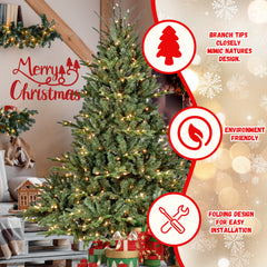 8FT Full-Shape Christmas Tree with 900 UL Lights – PE/PVC Mixed Branches, 2673Tips, Wide Base for Spacious Areas, Hinged Structure, Stable Metal Stand
