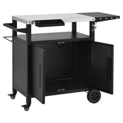 K&K Outdoor Grill Cart with Storage Cabinet, Outdoor Metal Kitchen Island with Foldable Table, Pizza Oven Table with Wheels & Stainless Steel Top & Hooks & Spice Rack for BBQ,Waterproof Cover Included