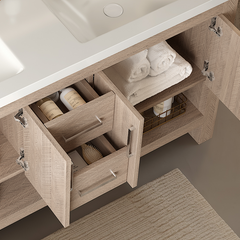 LUCCI 60" Bathroom Vanity with Sinks, Freestanding Plywood Storage Cabinet with 2 Drawers, 4 Doors and an Open Shelf, Acrylic Integrated Basin without Faucet, Light Oak Woodgrain Color