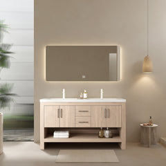 LUCCI 60" Bathroom Vanity with Sinks, Freestanding Plywood Storage Cabinet with 2 Drawers, 4 Doors and an Open Shelf, Acrylic Integrated Basin without Faucet, Light Oak Woodgrain Color