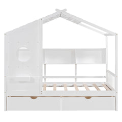 Wooden Twin Size House Bed with 2 Drawers,Kids Bed with Storage Shelf, White(Old SKU: HL000051AAK)