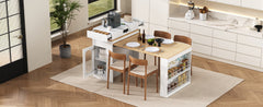 TREXM Extendable Dining Table with Folding Tabletop, Bar Table with Drawers and Power Outlet, Kitchen Island with Wheels and Hooks, Sideboard for Kitchen and Dining Room (Creamy White+Natural)