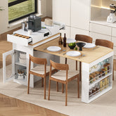 TREXM Extendable Dining Table with Folding Tabletop, Bar Table with Drawers and Power Outlet, Kitchen Island with Wheels and Hooks, Sideboard for Kitchen and Dining Room (Creamy White+Natural)