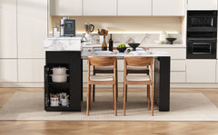 TREXM Extendable Dining Table with Folding Tabletop, Bar Table with Drawers and Power Outlet, Kitchen Island with Wheels and Hooks, Sideboard for Kitchen and Dining Room (Black+Marble White)