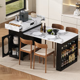 TREXM Extendable Dining Table with Folding Tabletop, Bar Table with Drawers and Power Outlet, Kitchen Island with Wheels and Hooks, Sideboard for Kitchen and Dining Room (Black+Marble White)