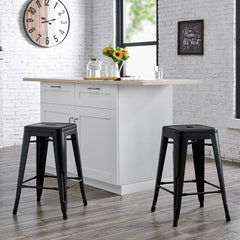Backless Modern Light Weight Industrial Contemporary Rustic Vintage Costal Metal Bar Stools Without Back and 4 Leg Design (Set of 2) (24" Seat, Distressed Black)