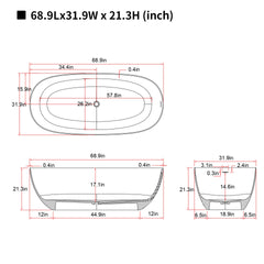 69'' Freestanding Bathtub Resin Stone Soaking Bathtub Solid Surface Modern Tubs with Overflow and Pop-up Drain
