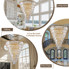 48-Inch Gold Tiered Crystal Tube Chandelier, 45-Light E12 Pendant with 580 Crystal Rods, Mirror-Polished Metal Frame, Adjustable 79" Chain, LED Bulbs Included