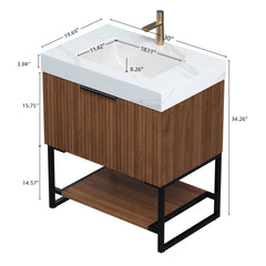 YOLAN 30" Bathroom Vanity&Sink, Freestanding Striped Plywood Storage Cabinet with Drawer&Open Shelf, Calacatta Gold Sintered Stone Top&Undermount Ceramic Basin, Pre-assembled, Dark Walnut Woodgrain